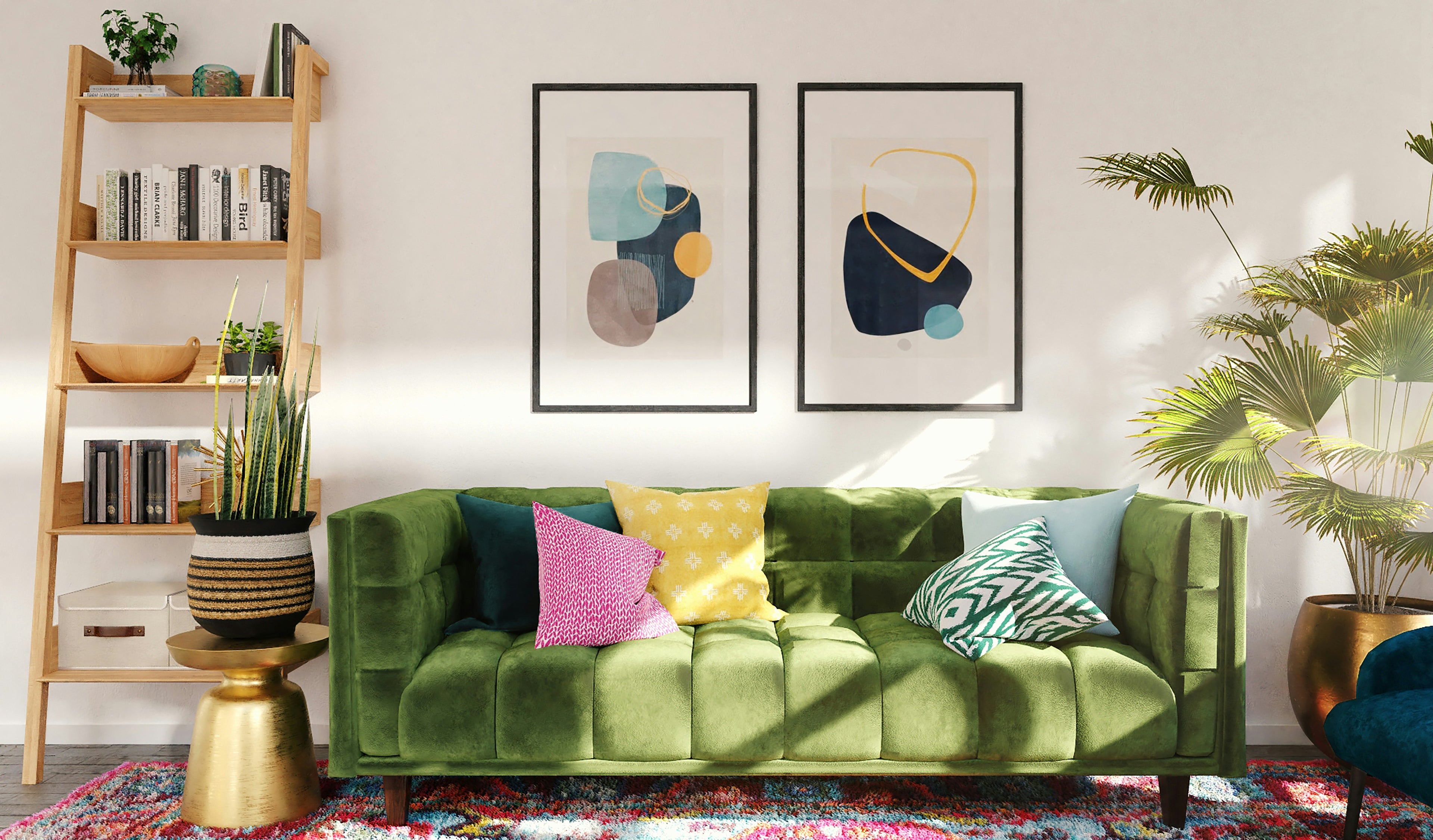 Green sofa with colorful cushions in a living room setting with a bookshelf and wall art.