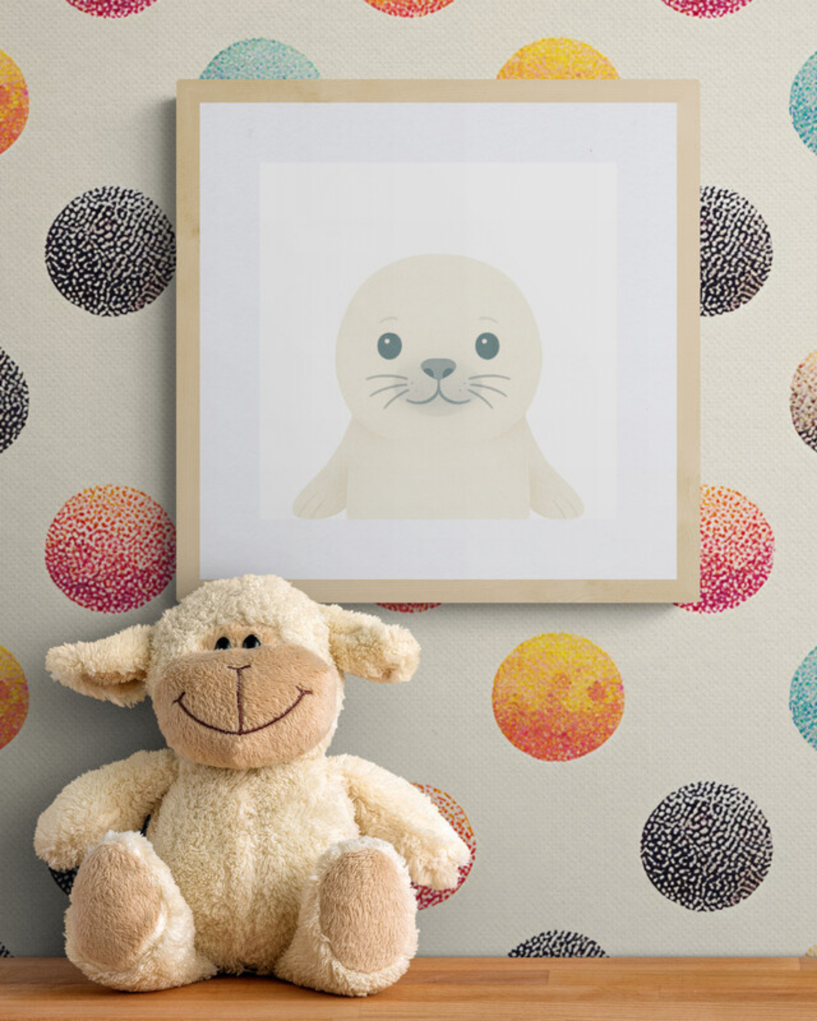 Stuffed sheep toy in front of a framed illustration of a seal on a wall with colorful polka dot pattern.