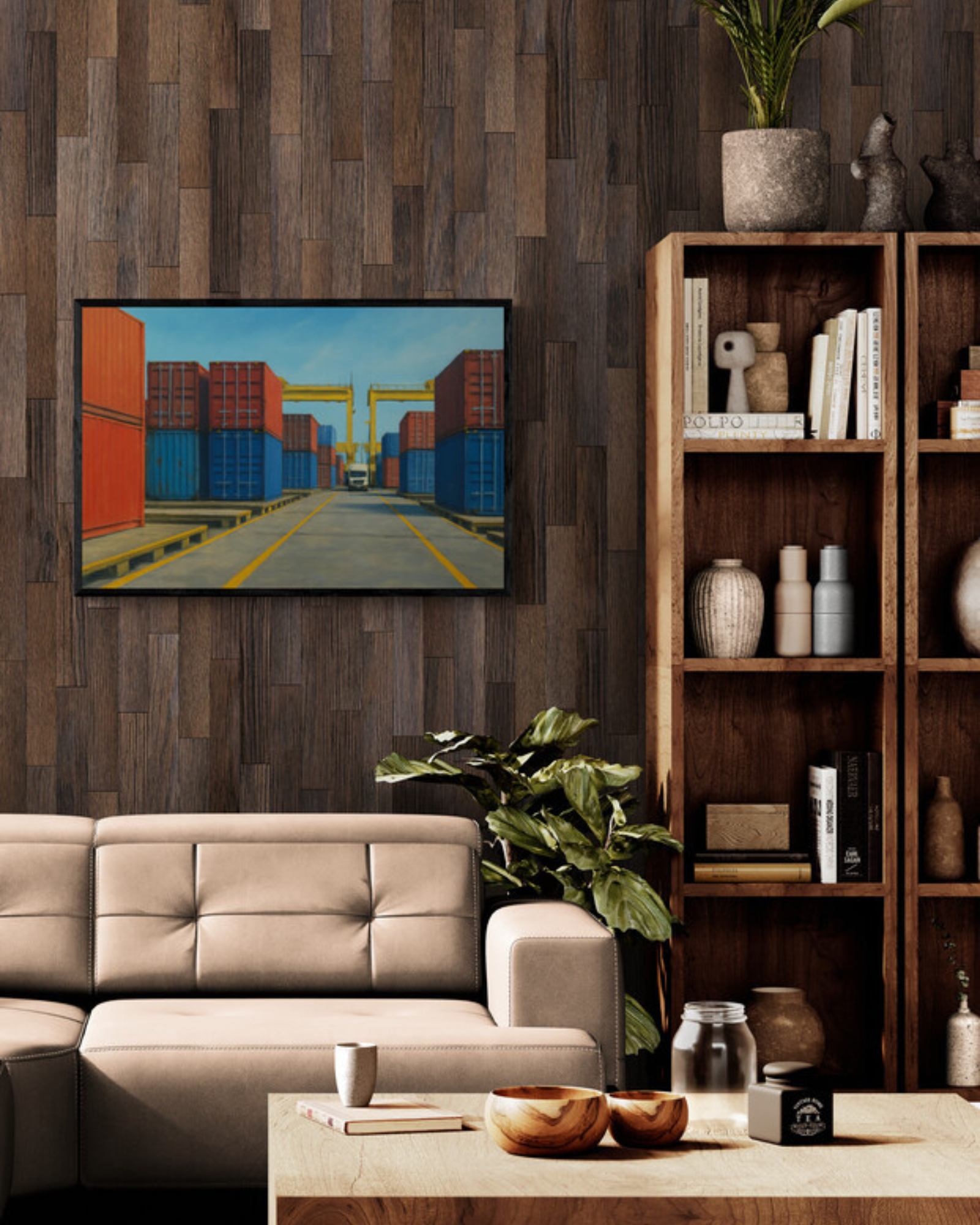 Living room with a framed print of a containers in a port, beige sofa, wooden bookshelf, and decorative items.