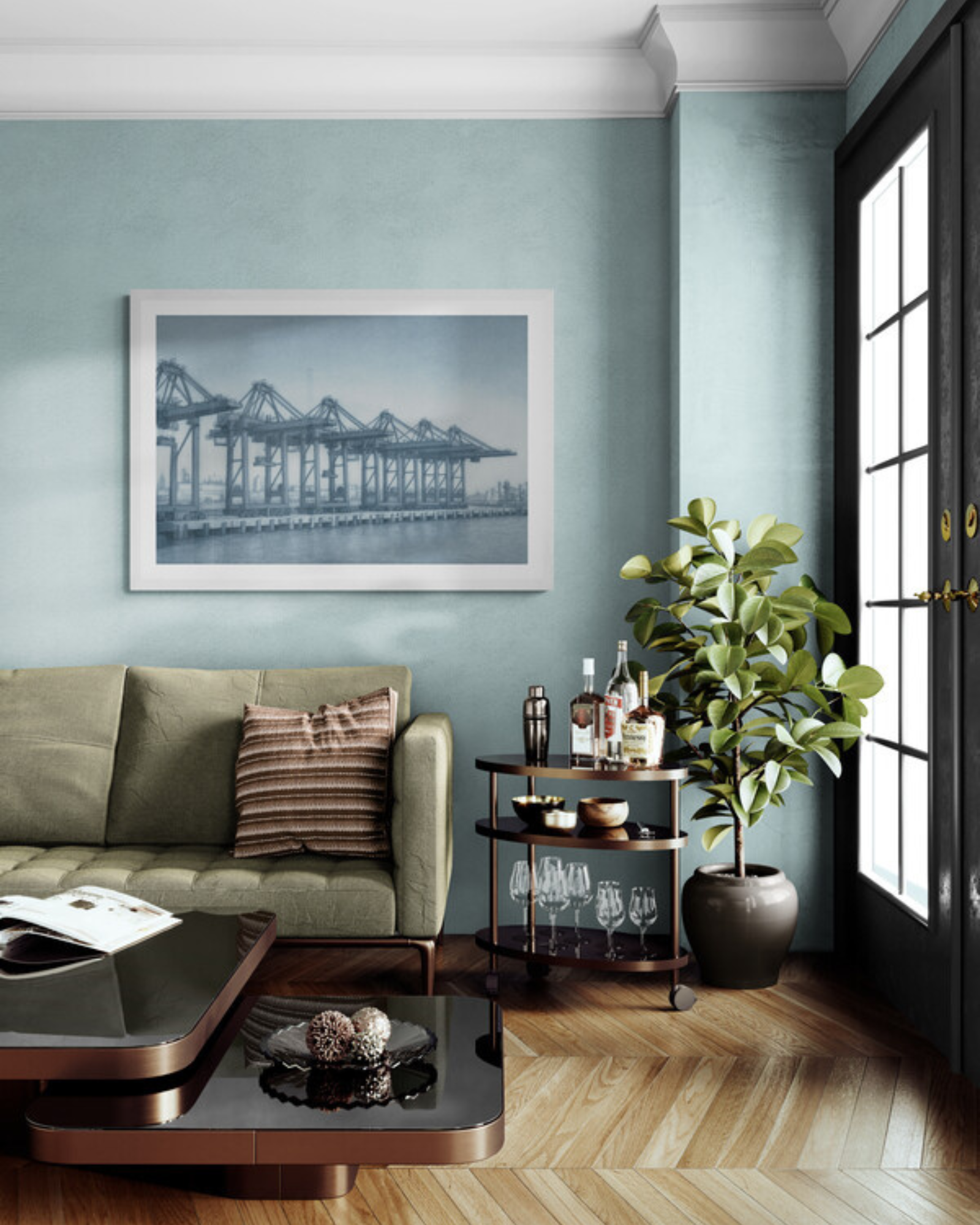 Modern living room with a green sofa, coffee table, and framed print of cranes in a port.