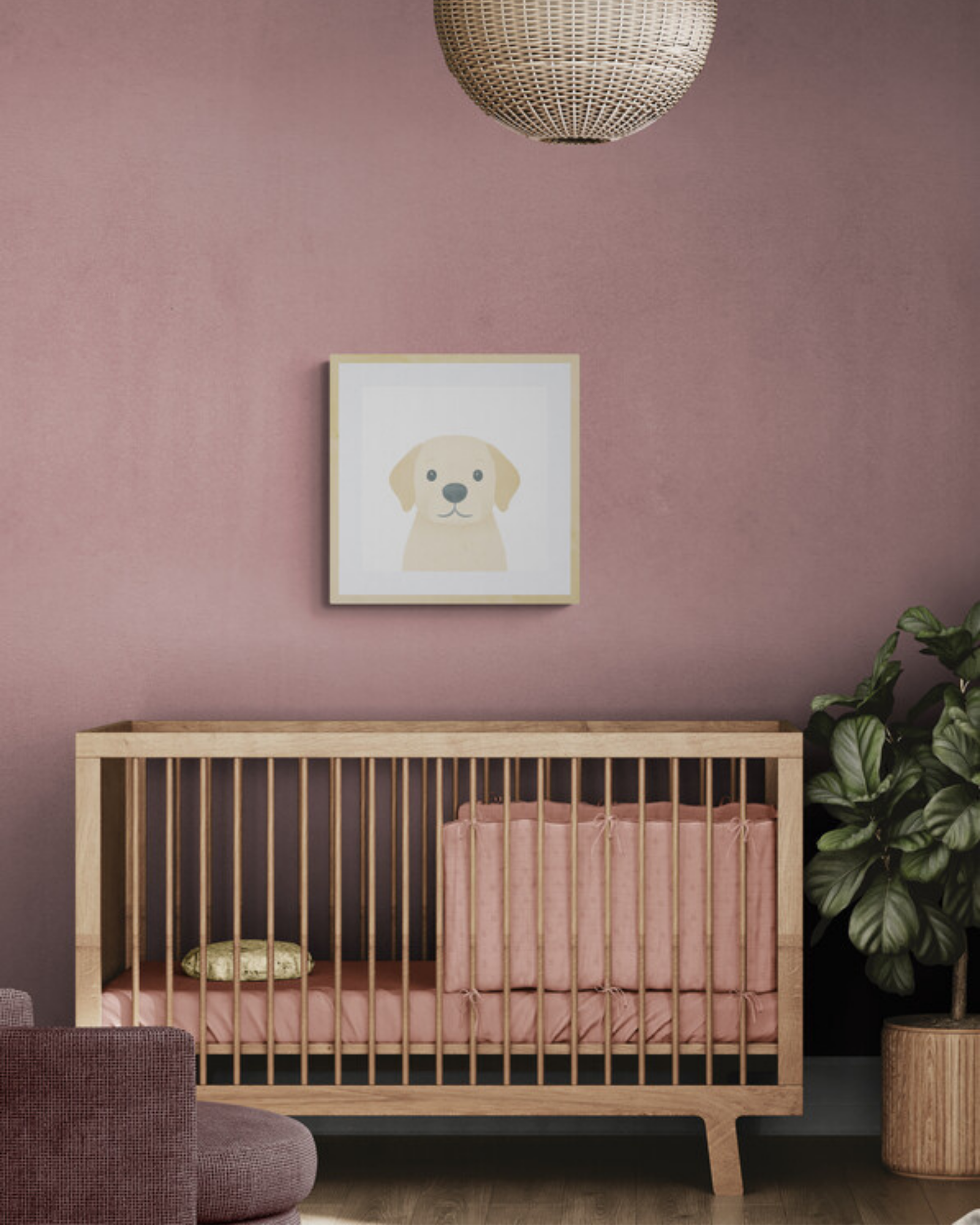 Nursery room with wooden crib, pink bedding, and framed illustration of a dog on a pink wall.