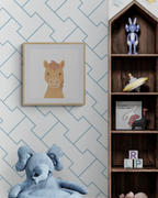 Children's room with framed illustration of a horse, teddy bear, and wooden shelf with toys.