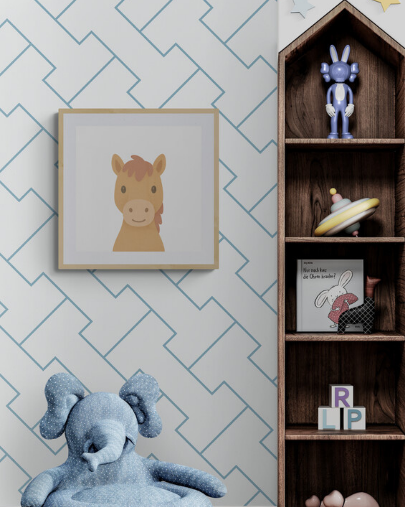 Children's room with framed illustration of a horse, teddy bear, and wooden shelf with toys.