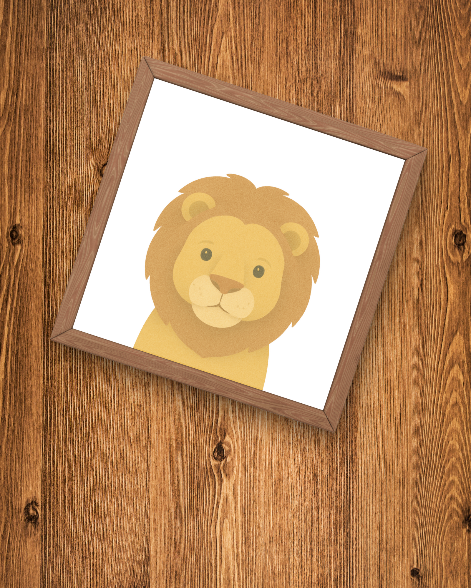Framed illustration of a lion on a wooden surface