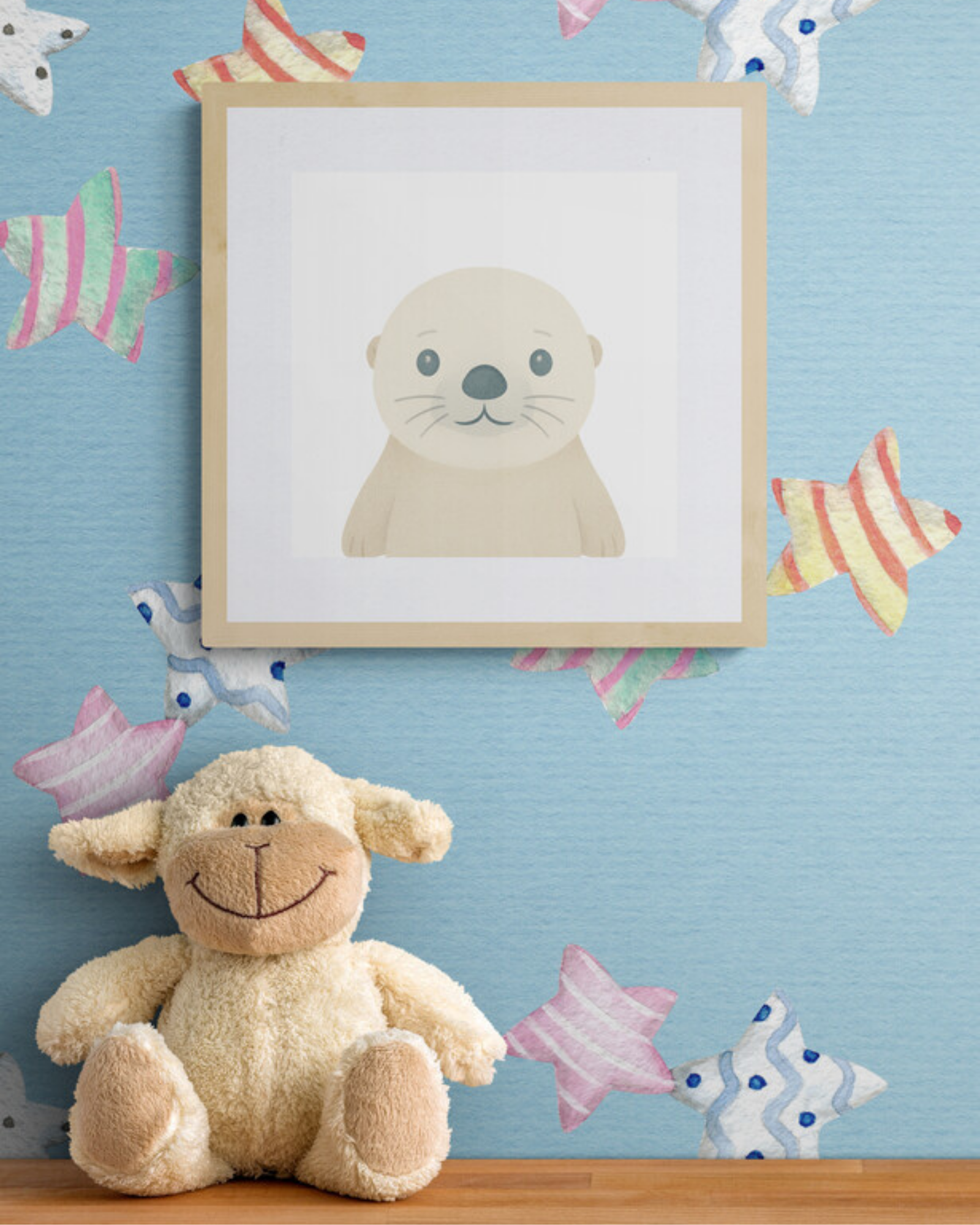 Framed illustration of a sea otter on a blue wall with decorative wallpaper.