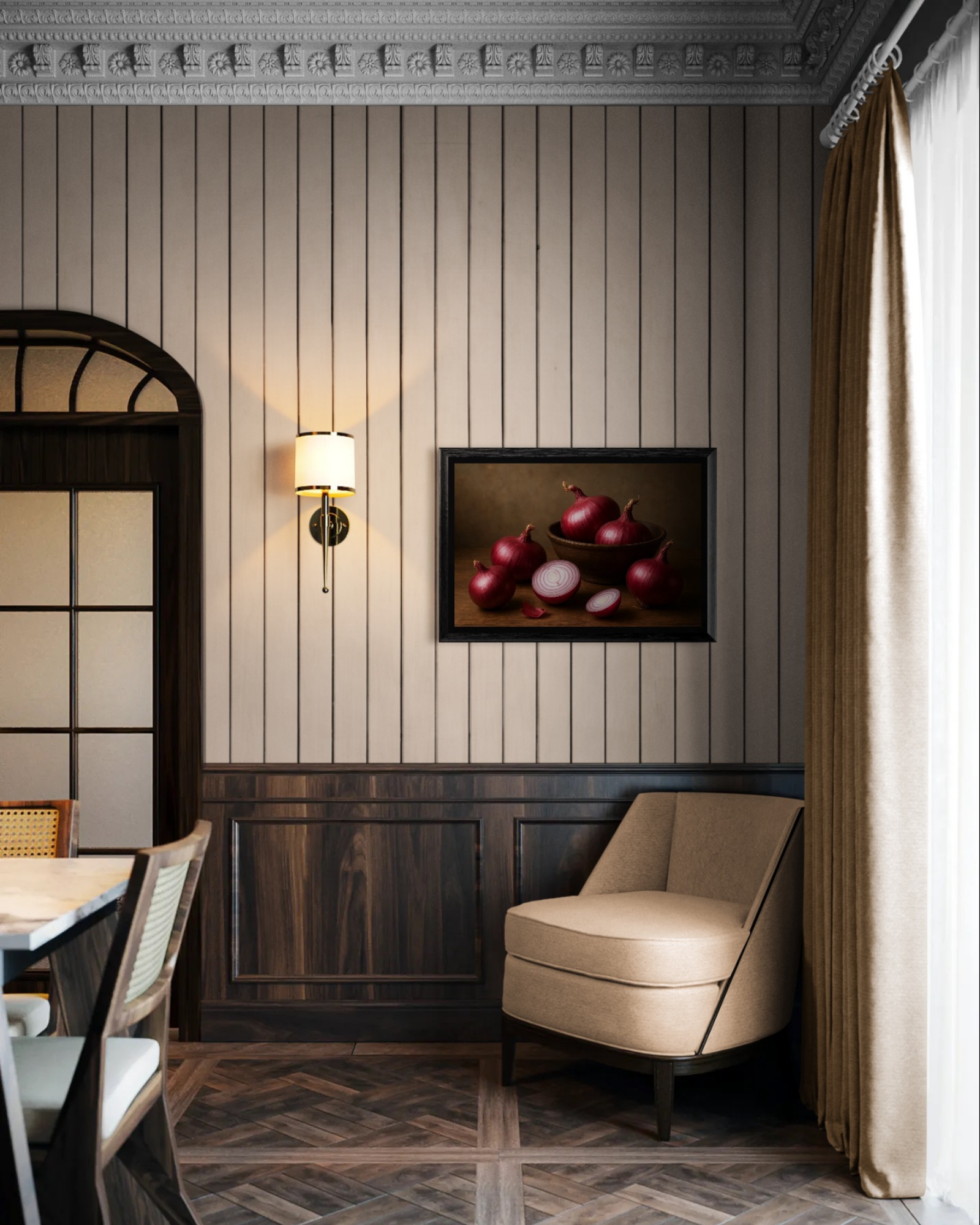 Decorative interior with a chair, wall sconce, and framed still life artwork of red onions on a paneled wall.