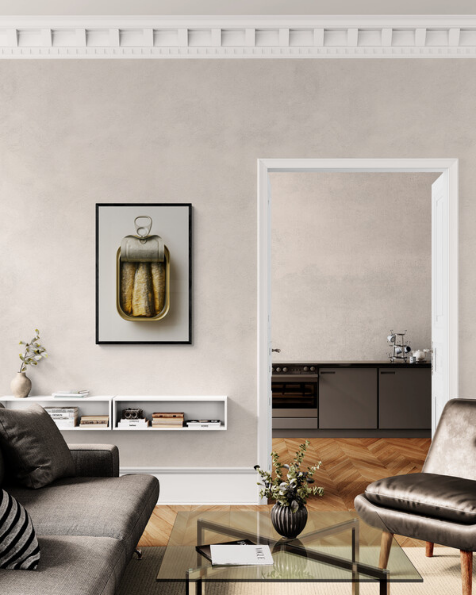 Modern living room with gray sofa, glass coffee table, and framed print of a tin of sardines on a neutral wall.