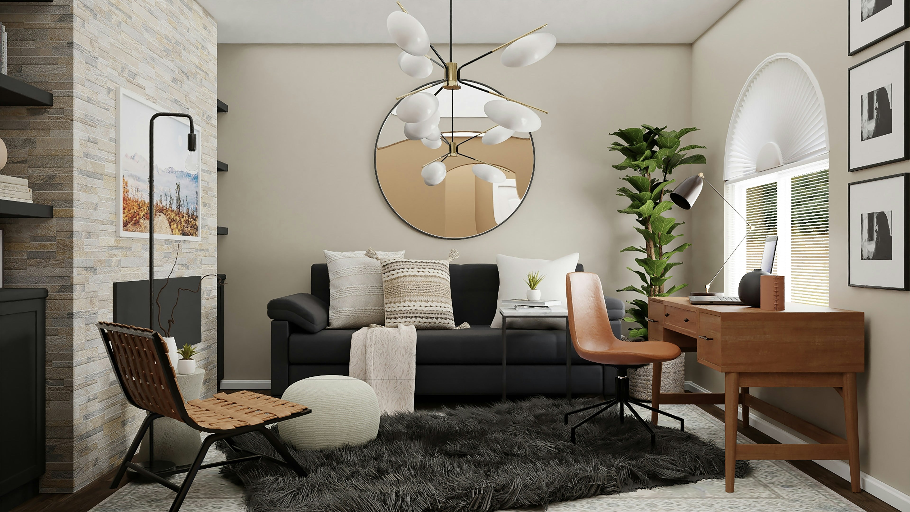 Modern living room with a sofa, chairs, desk and wall art.