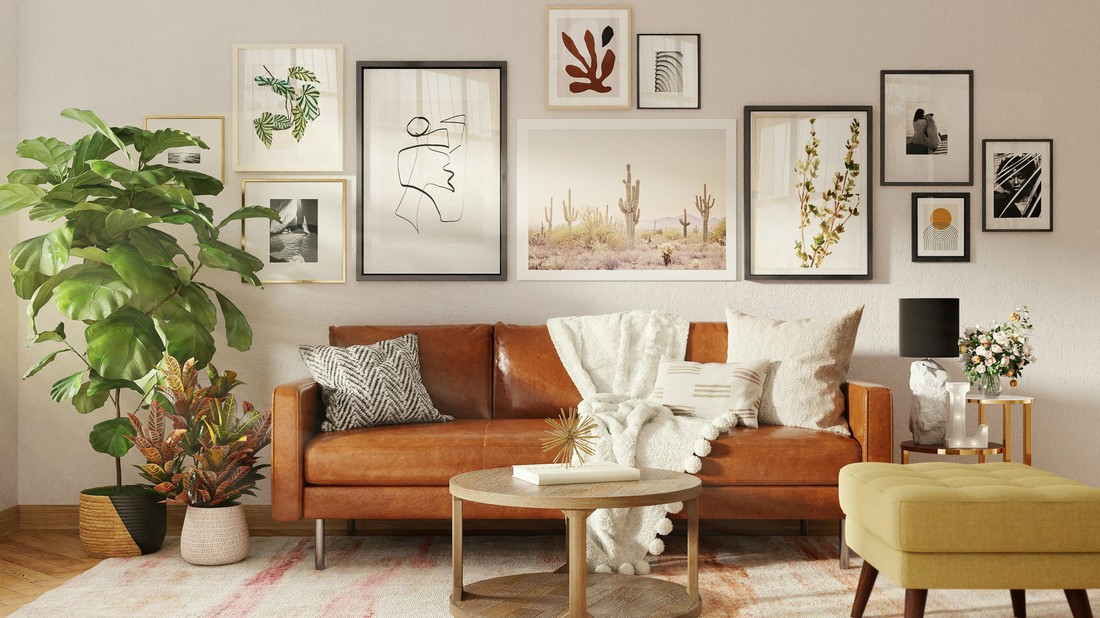 Living room with brown leather sofa, coffee table, decorative plants and a gallery wall