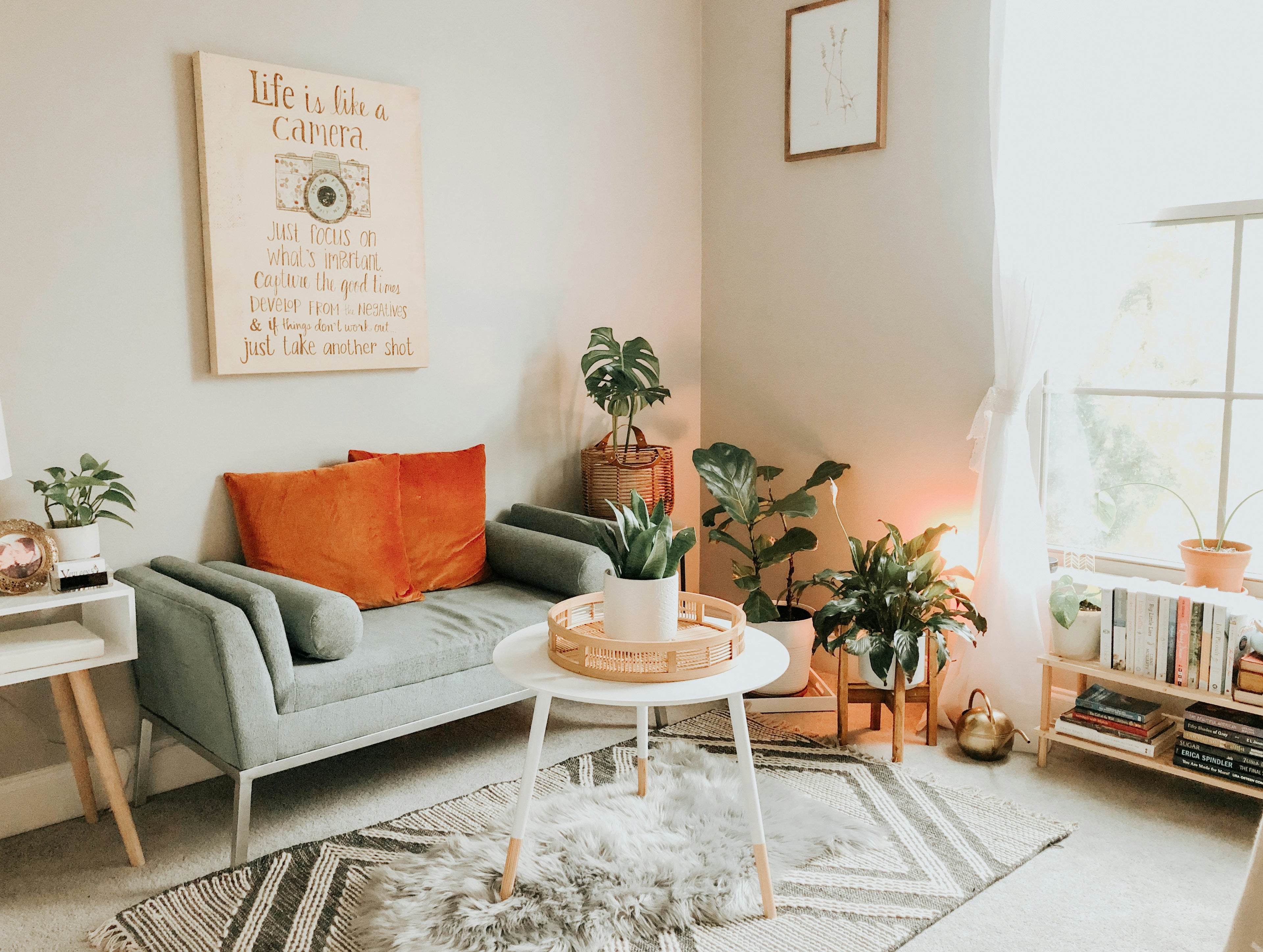 Small living room with a compact sofa, orange cushions, wall art and decorative plants.
